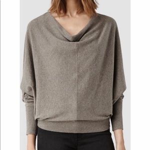 All Saints Cowl Neck Sweater Elgar Tan Cotton Back Snap Womens Size 10